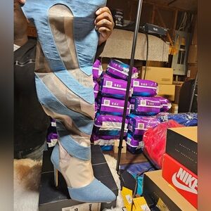 Blue and Beige Striped Knee-High Boots